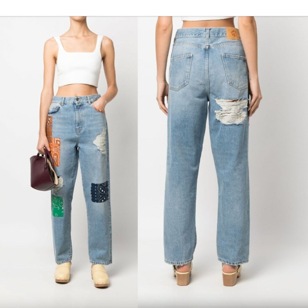 Alanui California Bandana Patchwork Straight Jeans Women 26 Authentic Designer